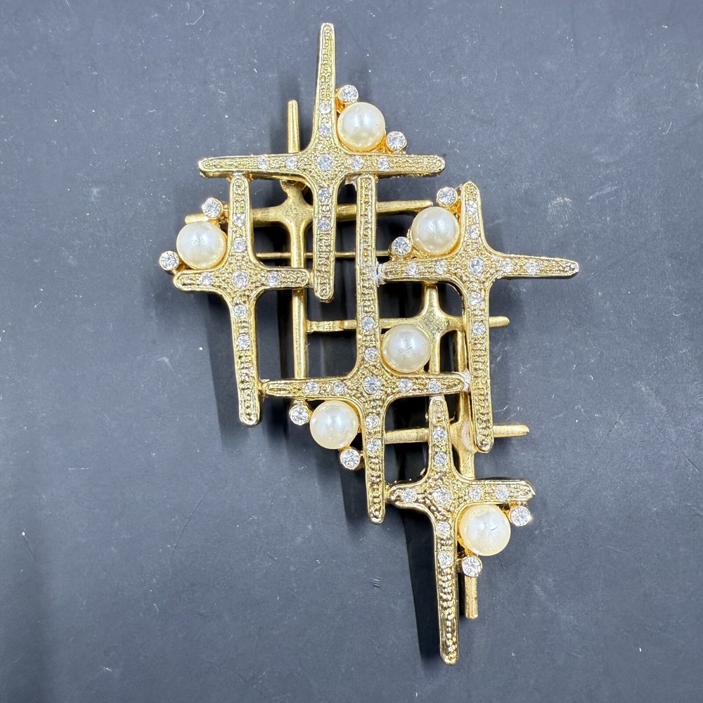 💫 Vintage Mid‎ Century Modern Starburst Brooch w/ Pearls & Rhinestones 3"